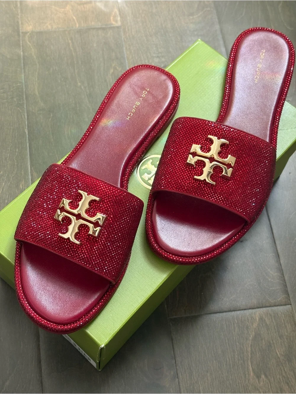Tory Burch Everly  Red Crystal Logo Slide Sandals